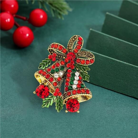 Elegant Vintage Christmas Bell Brooch – Red & Green Rhinestone Holiday Pin - Picture 5 of 7